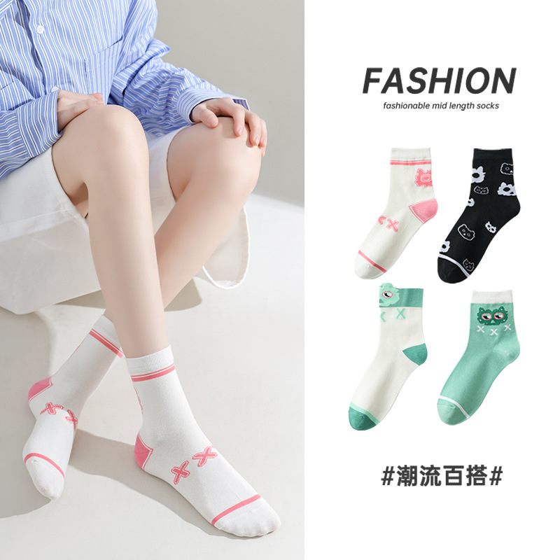 中筒袜子批发女夏凸凸袜秋款花边可爱A类100%纯棉防臭袜女士