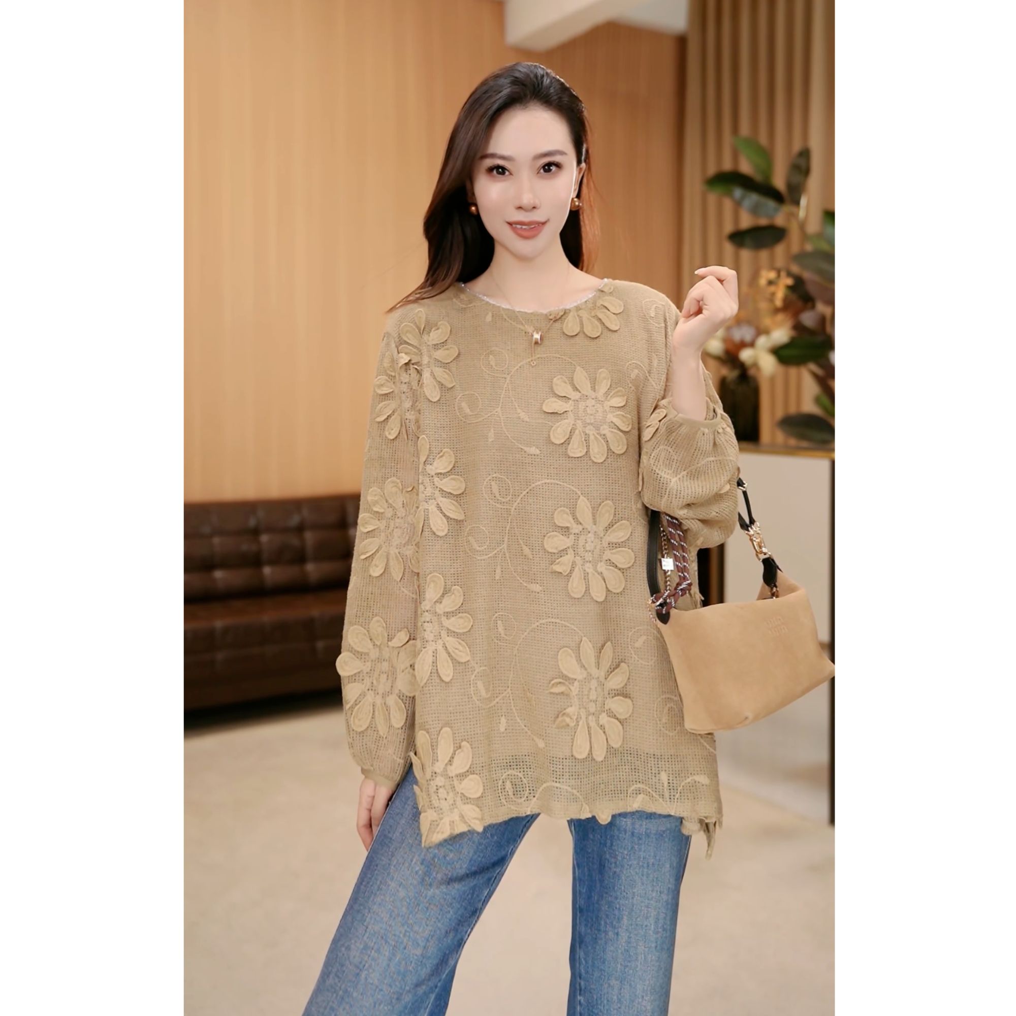 林果&季得 【温莎】重工钉珠花朵针织气质百搭针织女士长袖毛衣