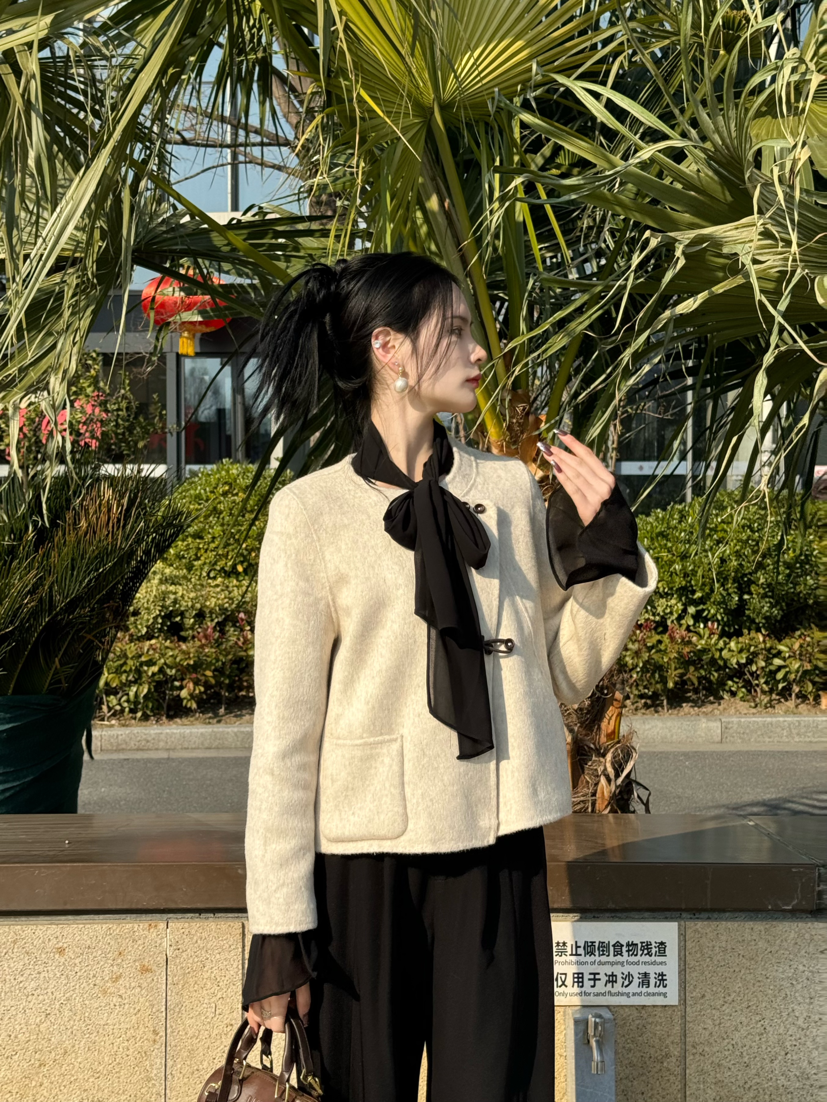 双面100羊毛大衣女春秋新款设计款美拉德格子羊毛外套