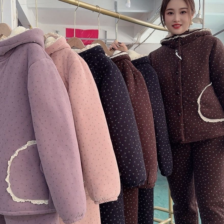 花嫂家亲子装冬季睡觉连帽花边可外穿三层加厚家居服套装2008