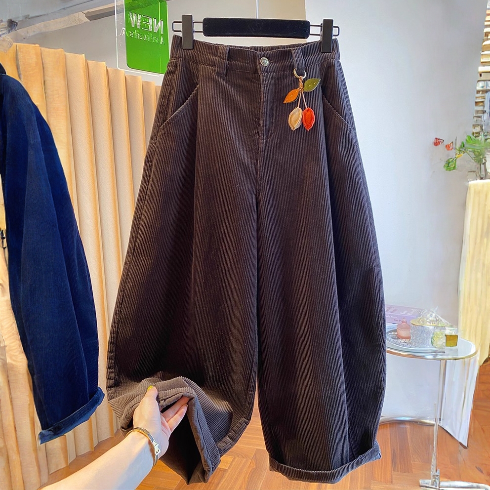 超好看复古咖色灯芯绒裤子女2025新款秋季宽松哈伦裤奶奶裤香蕉裤