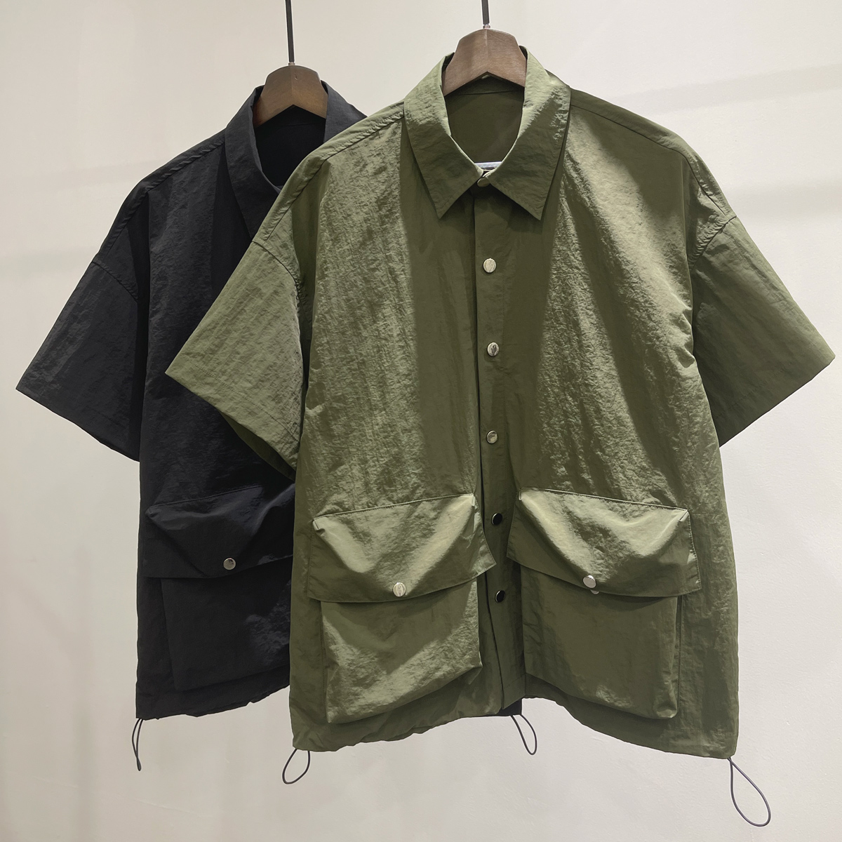 现货男士休闲纯色宽松工装大口袋短袖衬衣潮牌INS抽绳百搭衬衫