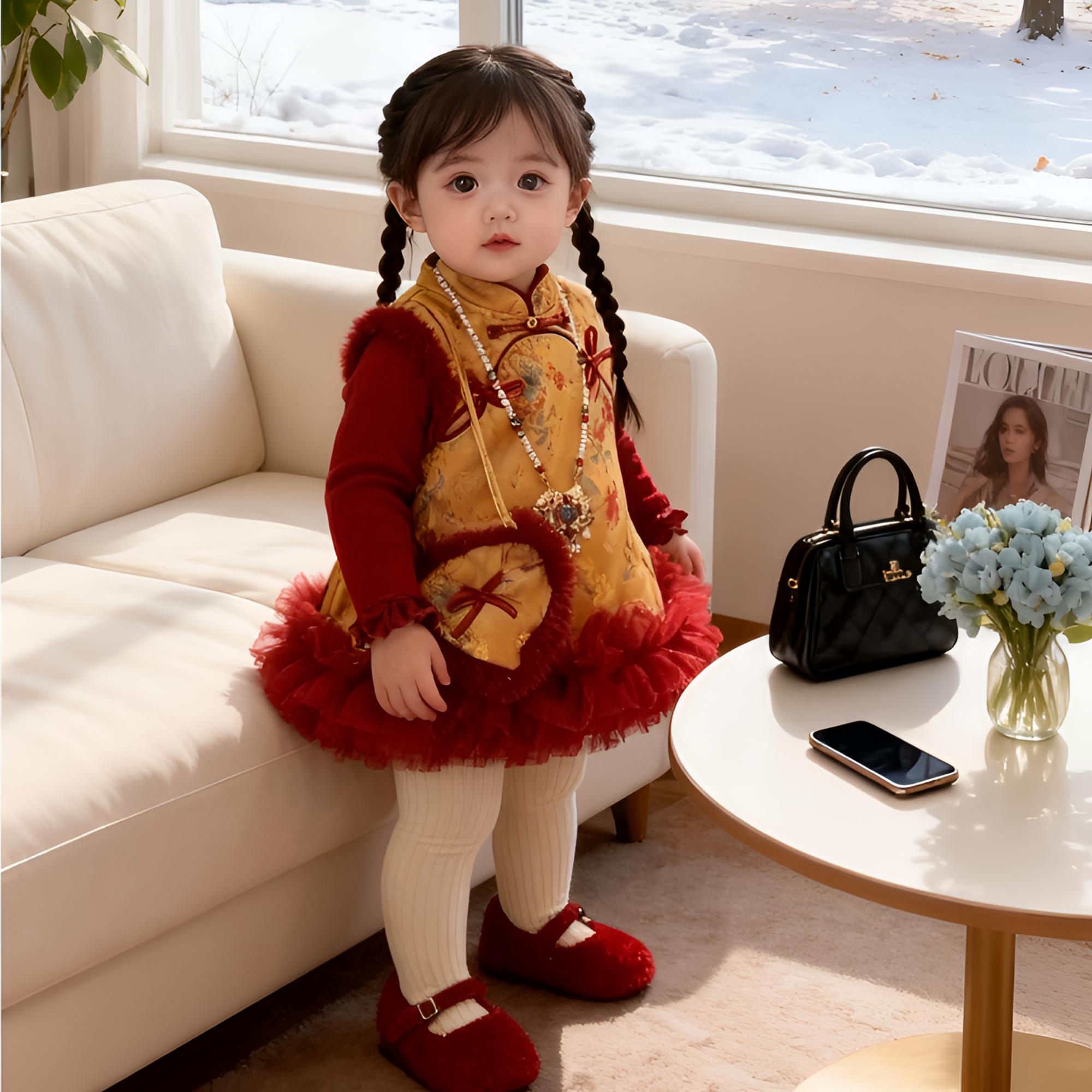 女童国风背心马甲冬装26新款周岁礼服小童女宝宝拜年服马甲夹棉服