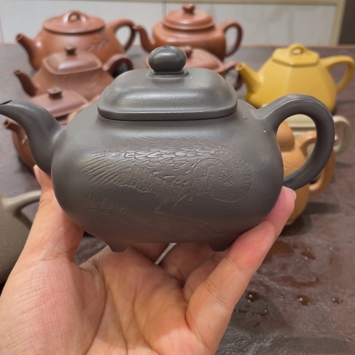 朝***阳紫砂茶壶四方传卢高温天青手工刻绘