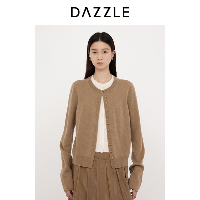 DAZZLE 地素毛衣2025年春季新款浅卡其色针织假二件开衫2J1E519