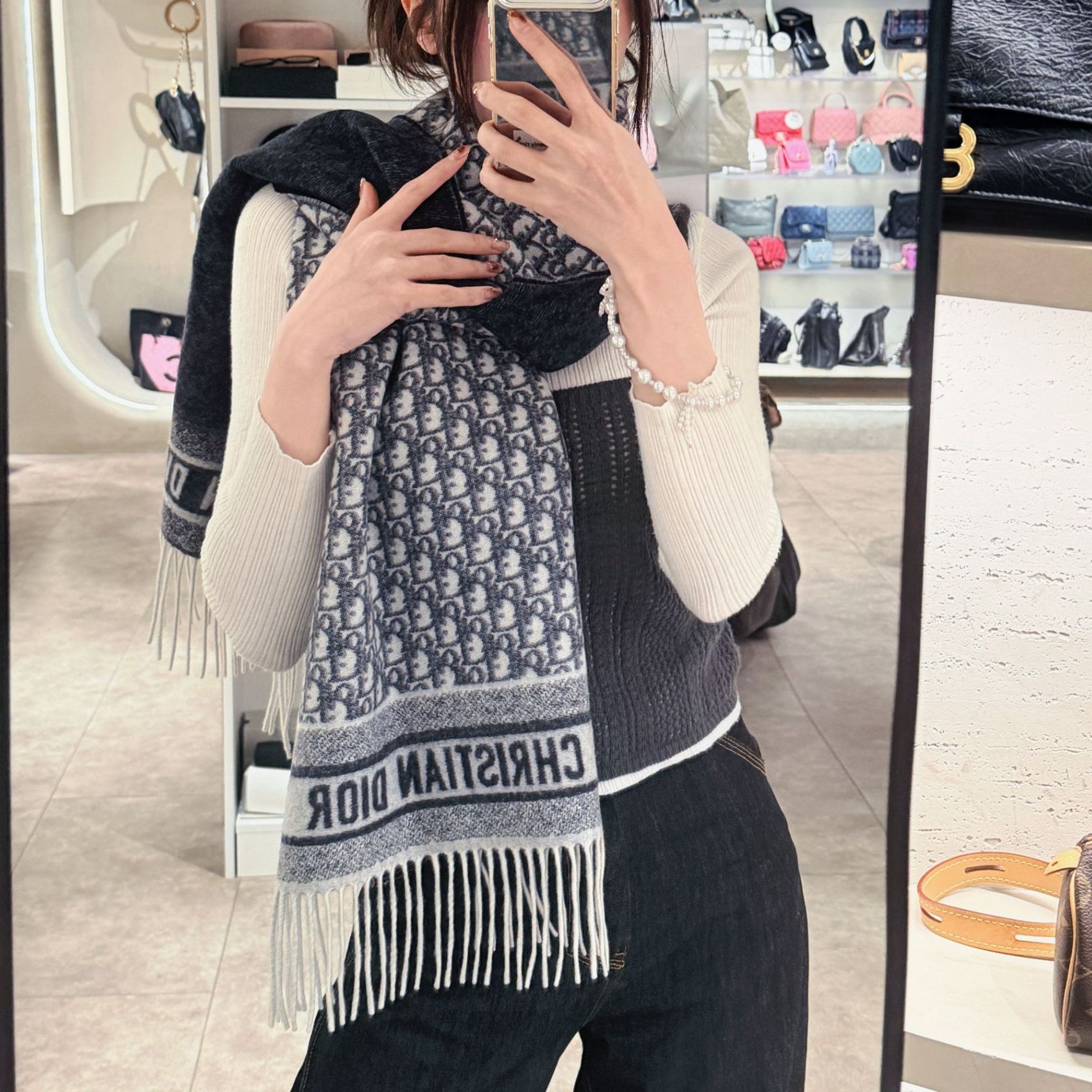 99新 DIOR/迪奥 Azul-蓝色山羊绒老花披肩/53665