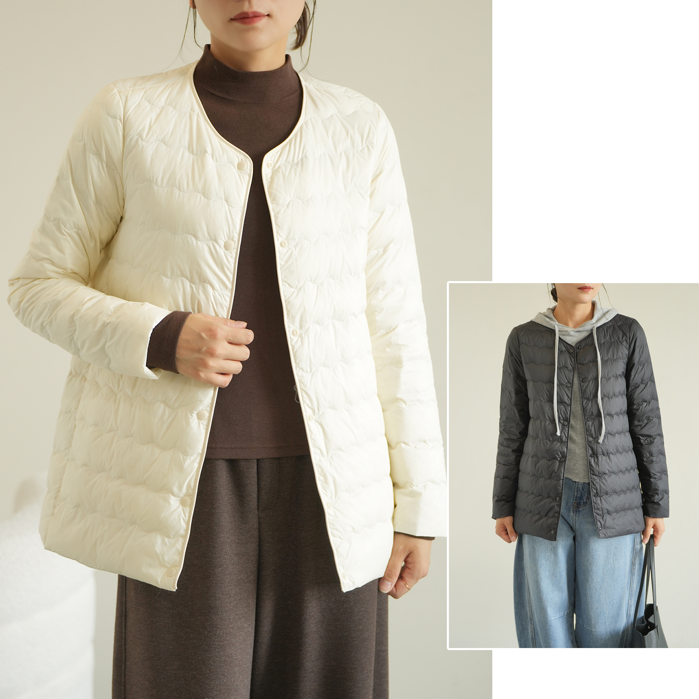 90白鸭绒女士轻薄羽绒服 中长款大衣叠穿保暖外套 秋冬款 89274