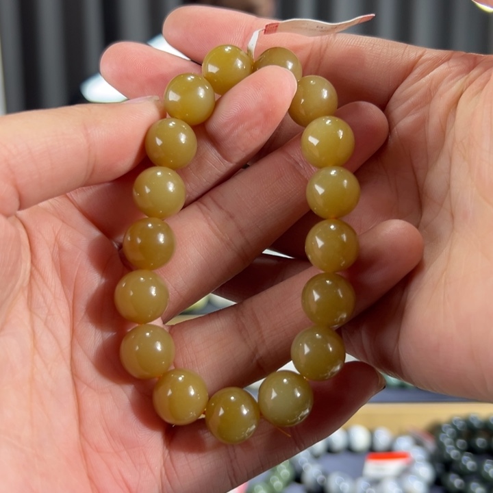 和田玉手串未镶嵌新疆且末黄金糖卡12圆珠