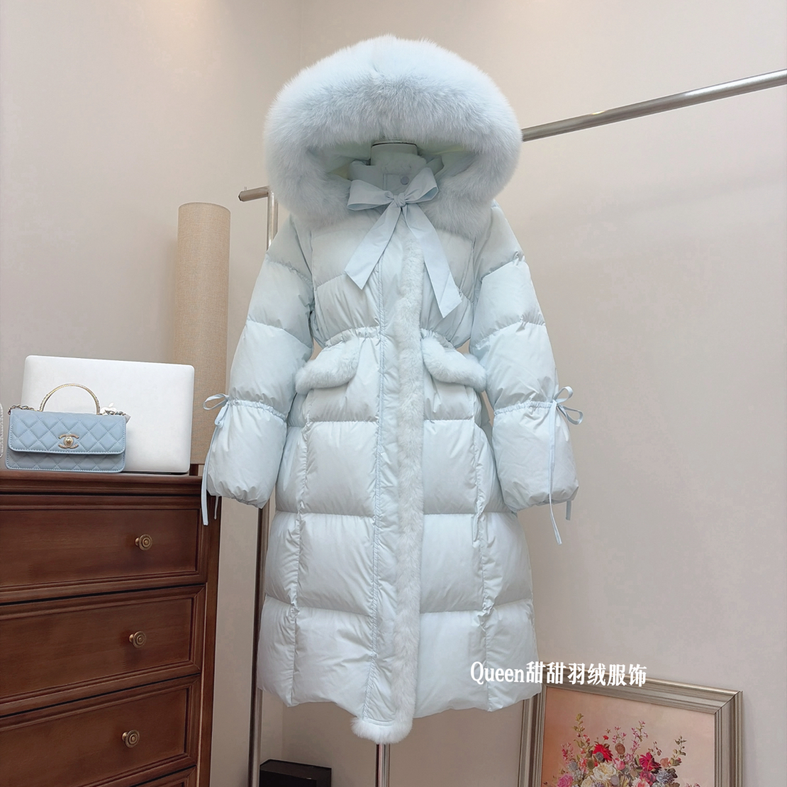 【冰雪日记】真狐狸大毛领真羽绒服白鸭绒獭兔毛中长收腰款蝴蝶结