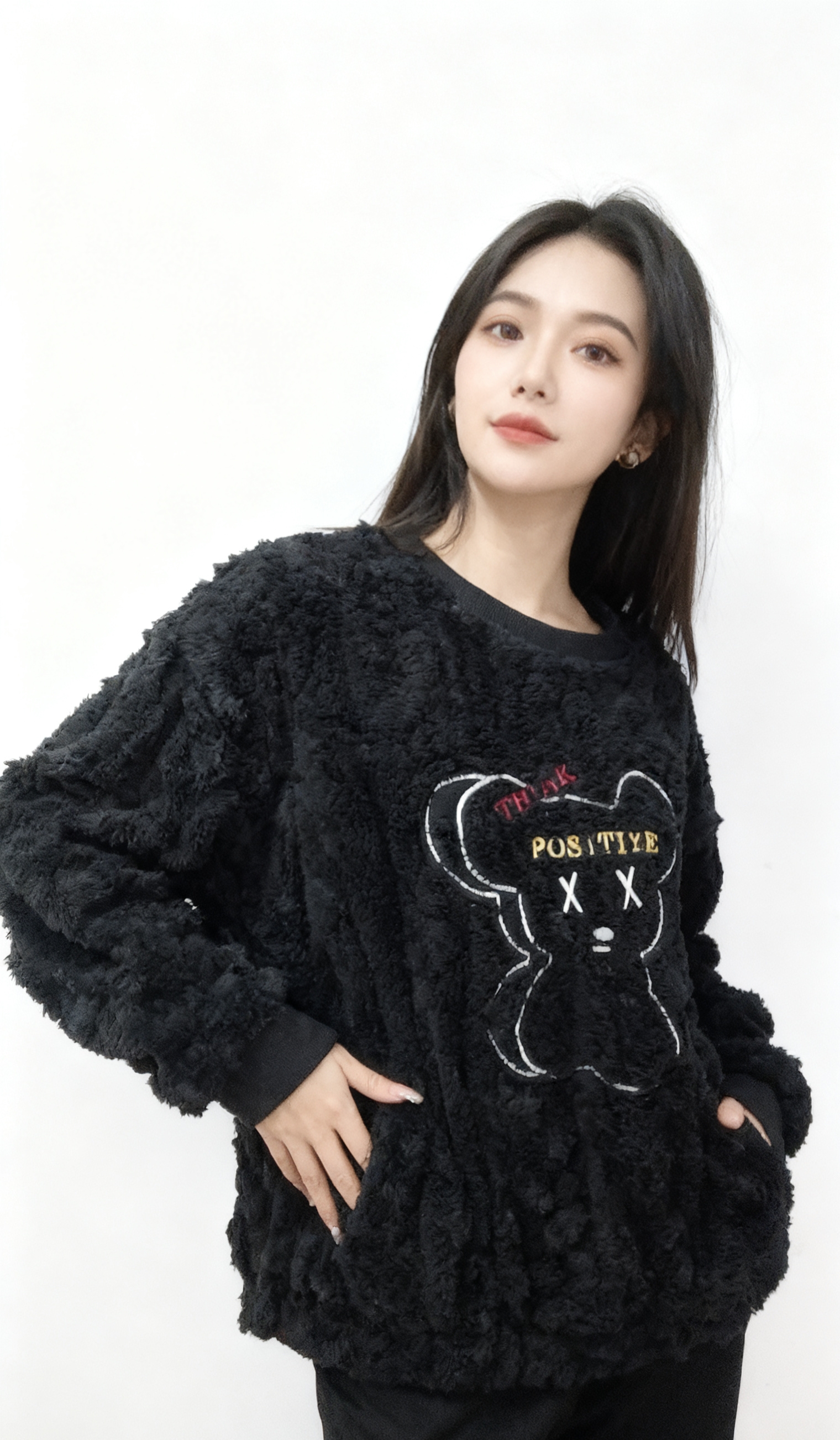 加厚加绒珊瑚绒睡衣圆领简约家居服套装黑色套装一整套