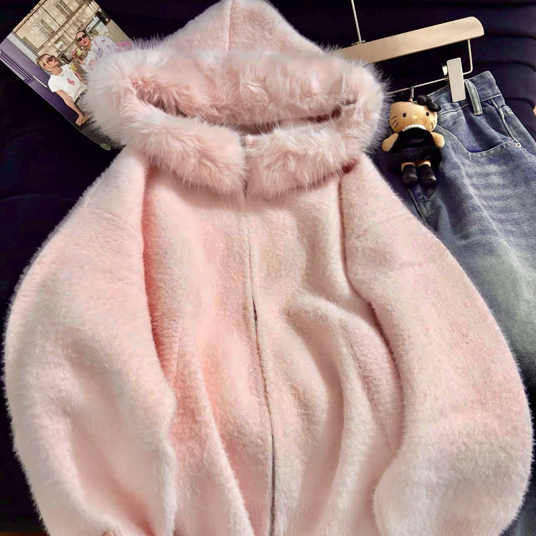 15号【现货】少女风连帽冬季秋季厚款秋冬毛针织衫上衣针织