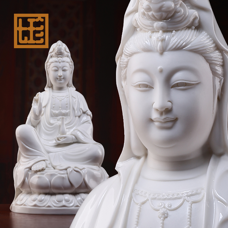 七珍德化白瓷观/音描金彩桌面陶瓷摆件 家居装饰工艺品