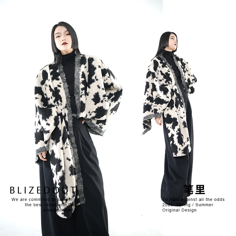 笔里【BLIZEDOUT】原创设计5112204黑白斑点不对称不规则中长款外套