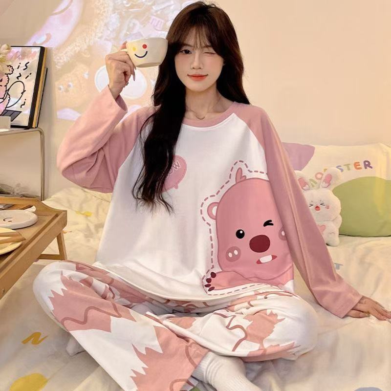 秋冬长袖睡衣女圆领卡通家居服舒适可外穿套装