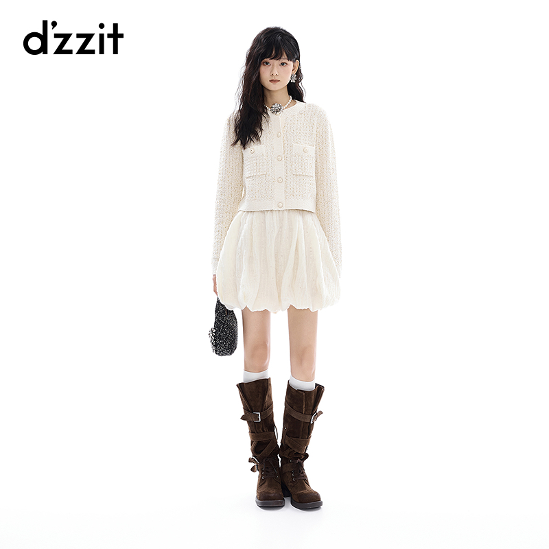 dzzit地素针织衫秋冬小香风优雅金葱混纺短款开衫上衣女3J4E570