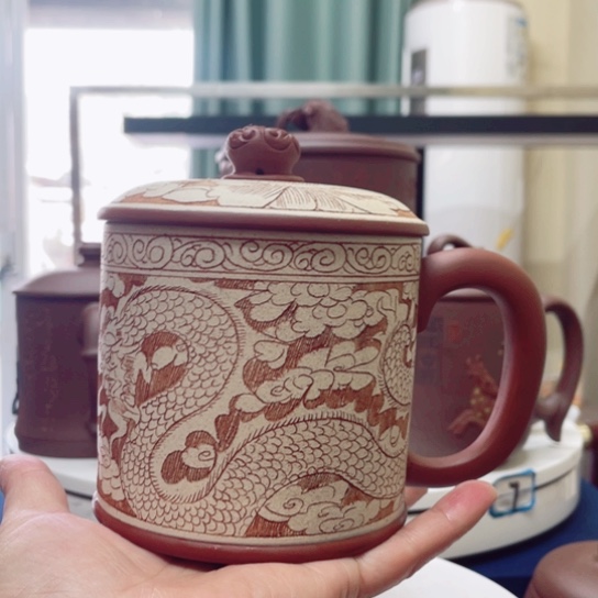 紫砂茶杯紫泥龙凤杯