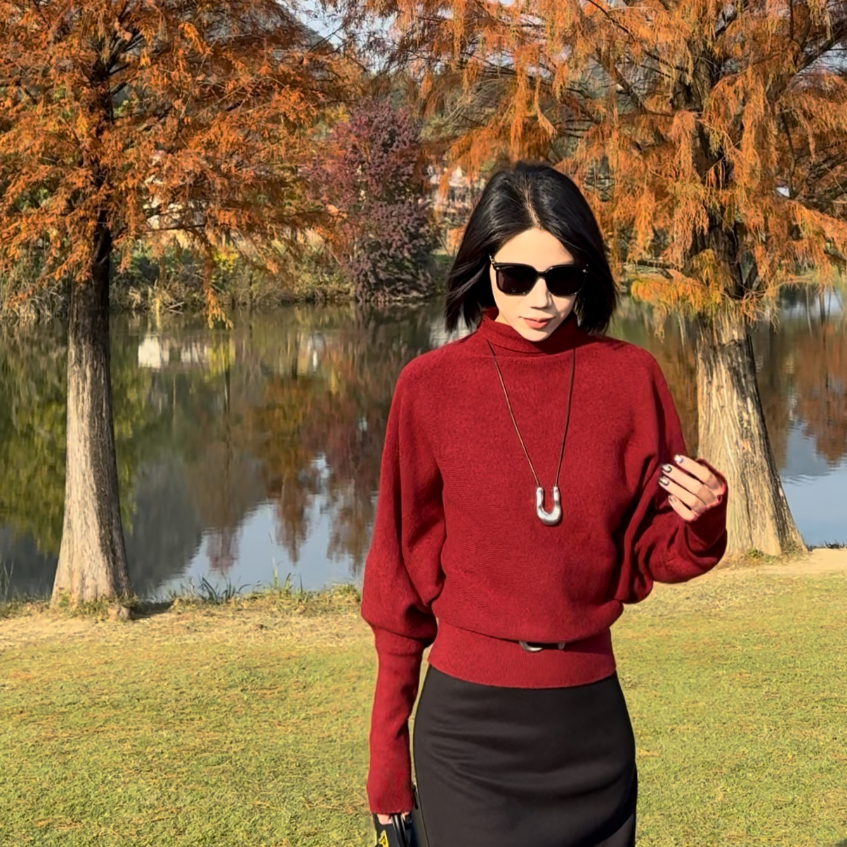 【北北】慵懒风高领蝙蝠袖针织衫女宽松短款百搭上衣