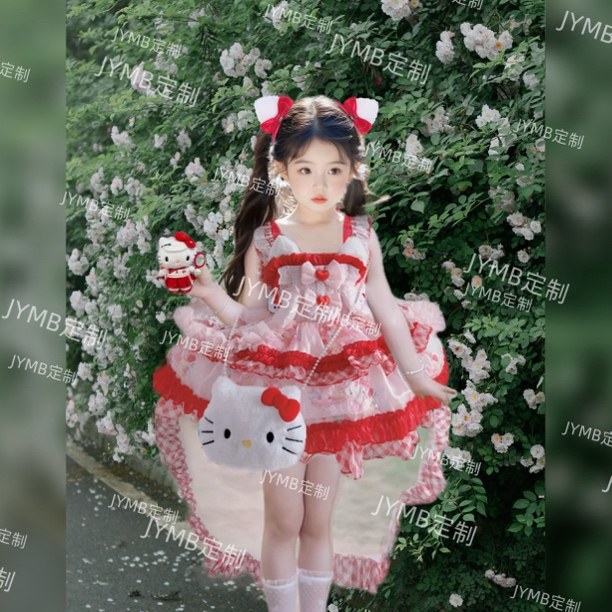 原创华丽可爱洛丽塔hello Kitty公主裙红色周岁生日cos 礼服走秀
