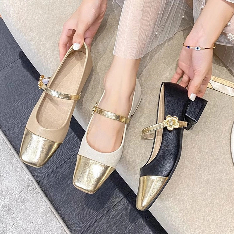 小香风玛丽珍鞋2025春季新款拼色平底粗跟单鞋法式复古浅口小皮鞋