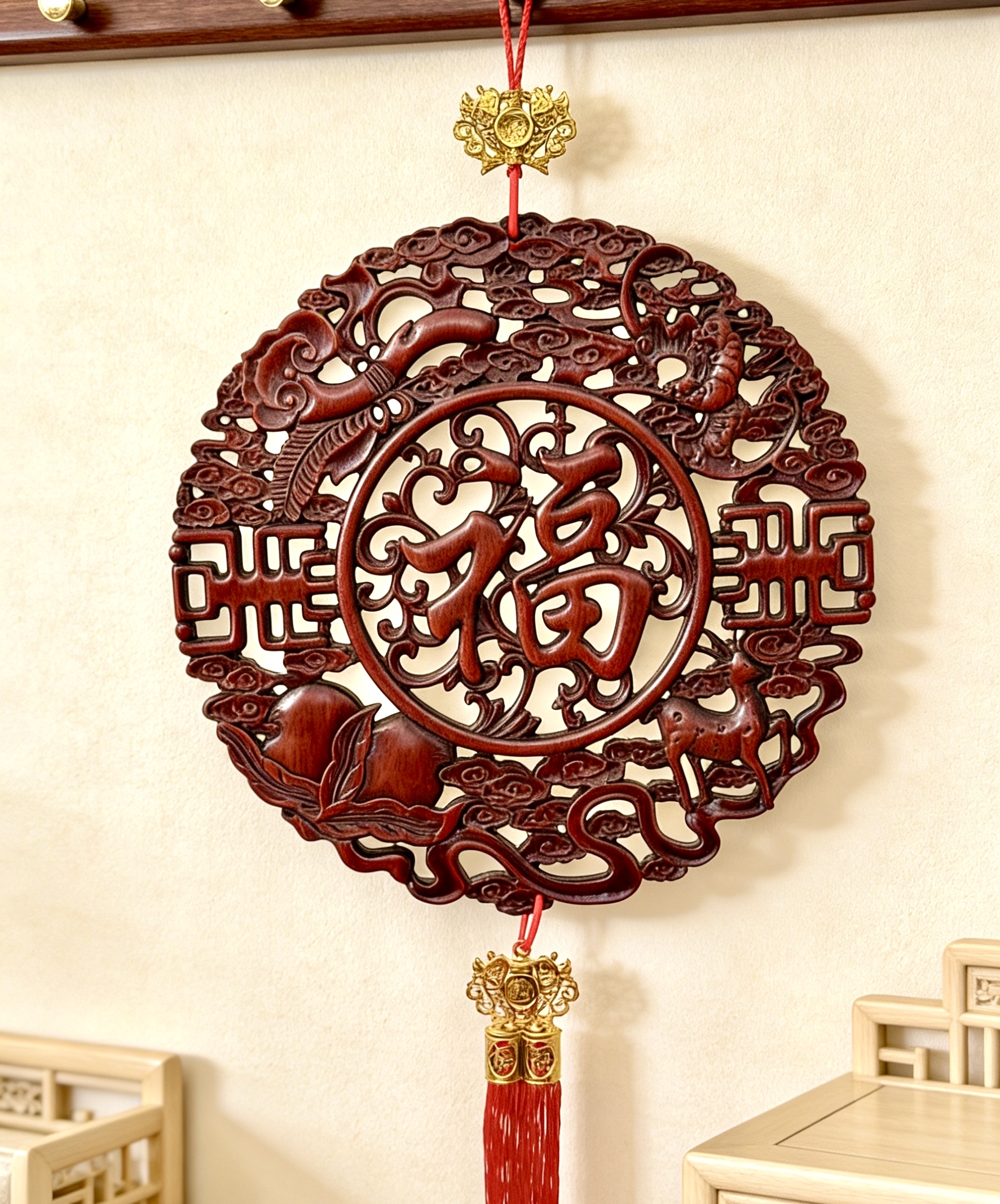 越南香樟木直径38公分 福禄寿喜 福字挂件（送配件送挂钩）