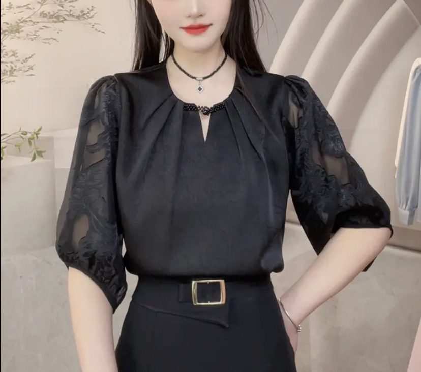 新款夏季圆领短袖衫百搭宽松洋气质感拼接衬衣女士小衫