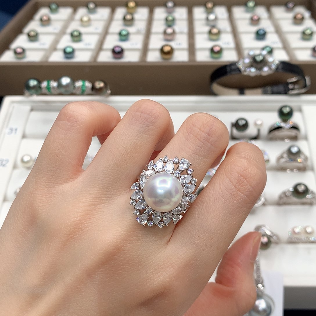 银S925镶嵌戒指海水珍珠天然海水澳白珍珠戒指