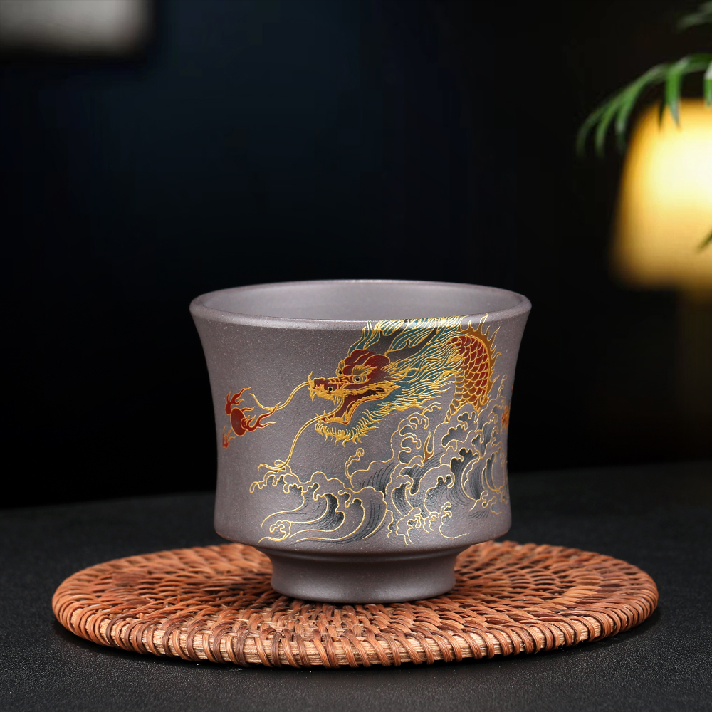 宜兴原矿紫砂主人杯 天青 描金珐琅彩  龙
