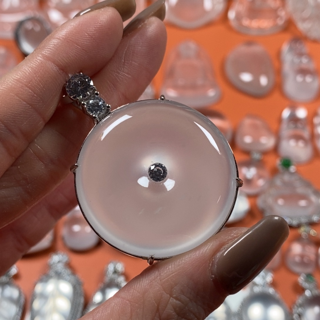 石英质玉银S925镶嵌颈饰雪花棉平安扣