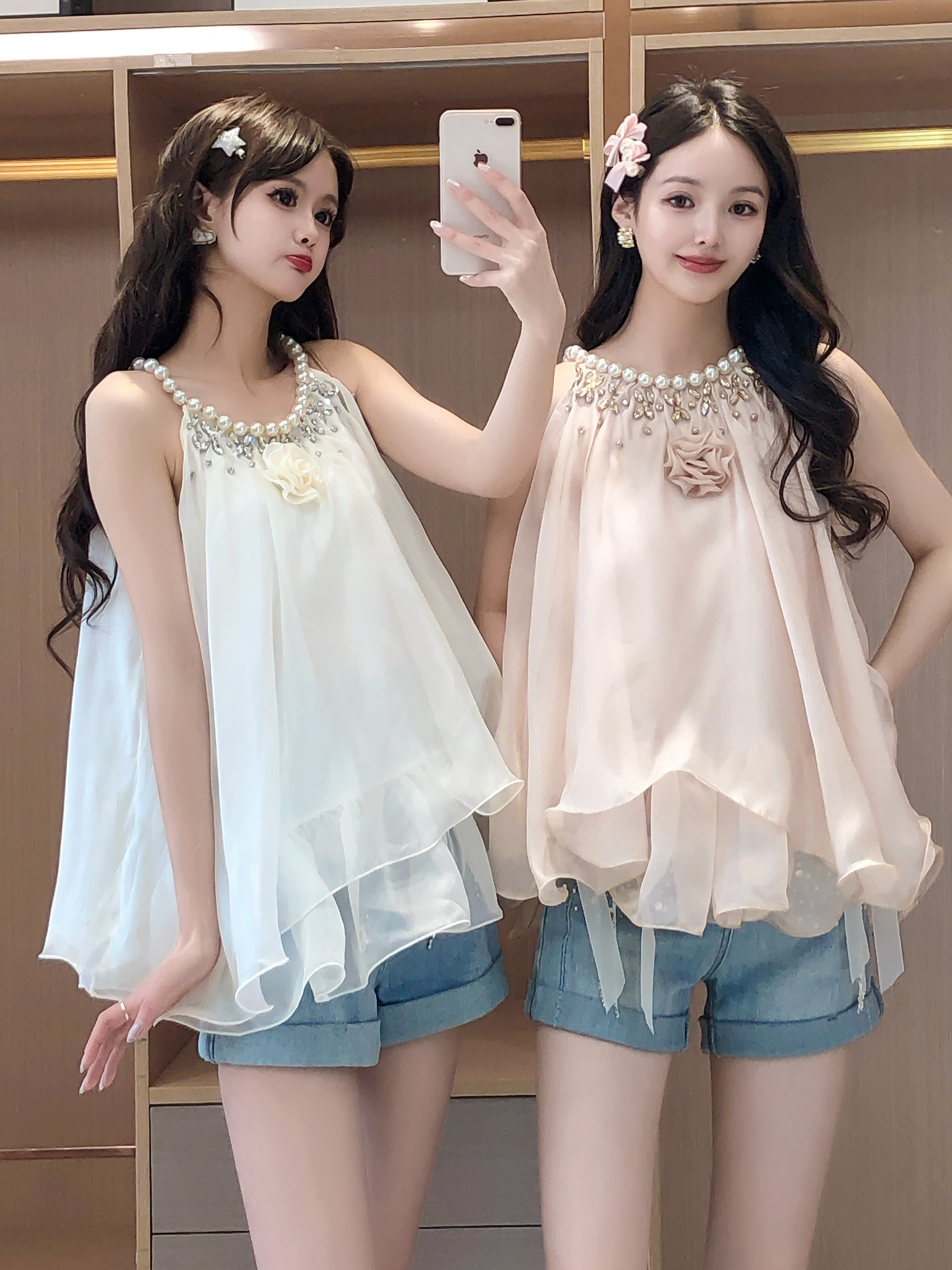 艾日秀法式重工钉珠镶钻吊带2025早春新款气质荷叶边上衣 E9791