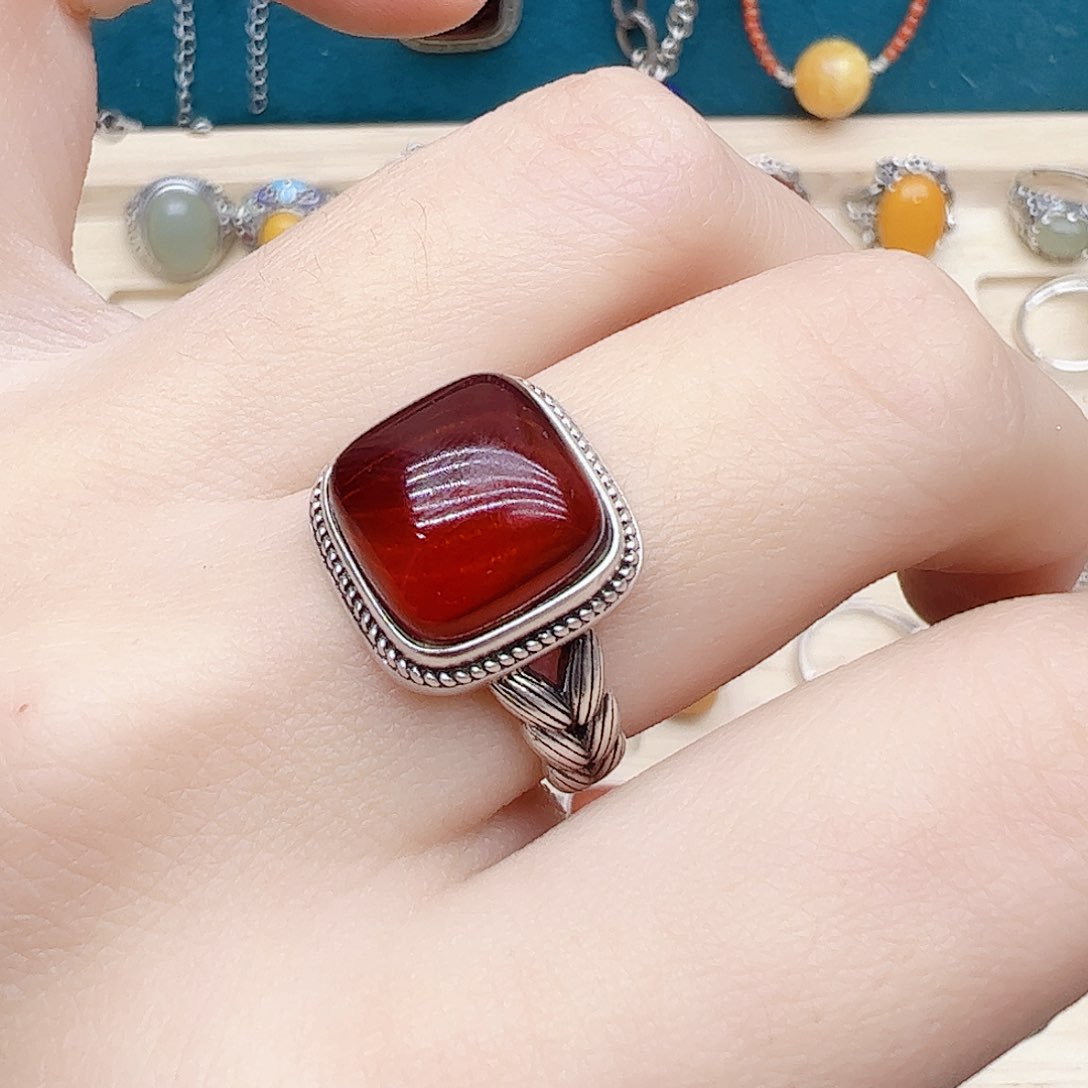 血珀戒指银S925镶嵌，