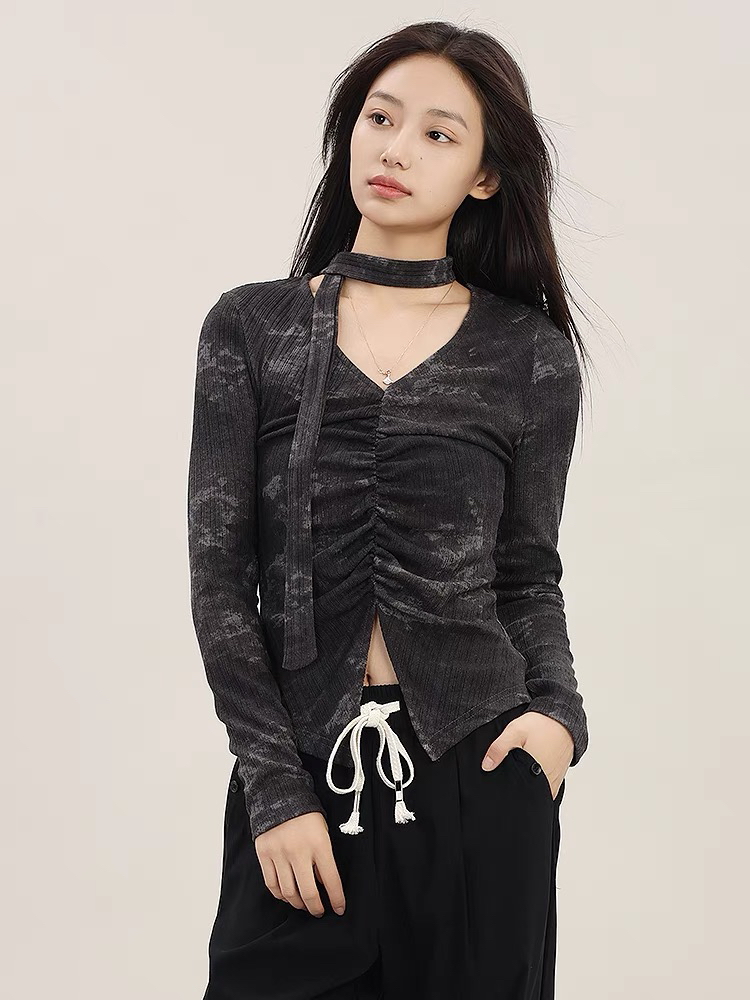 方领设计感双拉链扎染长袖衬衫女显瘦开叉系带短上衣