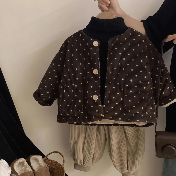 儿童韩版秋冬款加绒圆点外套2025新款女童中厚保暖二棉女宝宝棉服