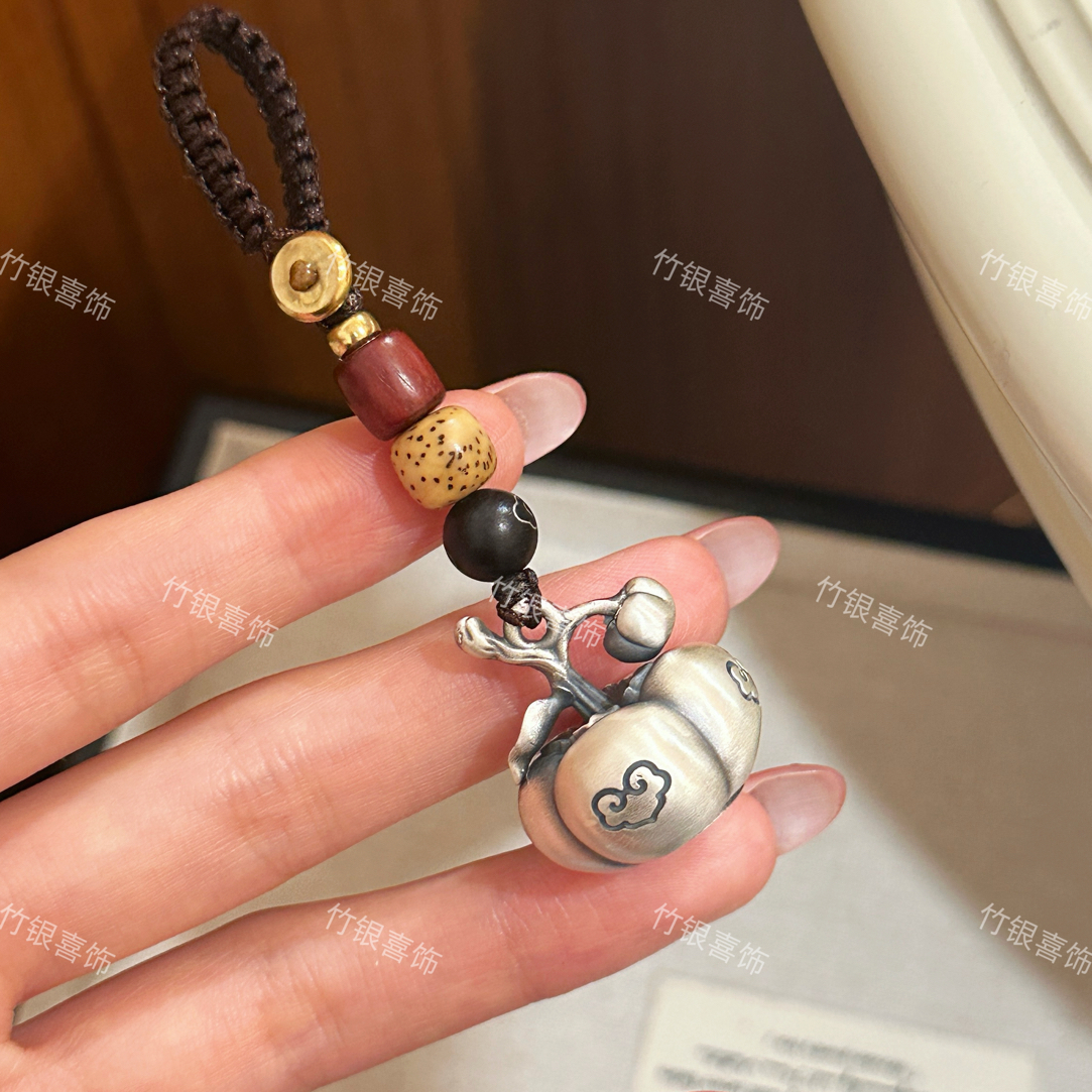 足银银制品 足银999【柿柿如意】可转动汽车钥匙扣挂件复古