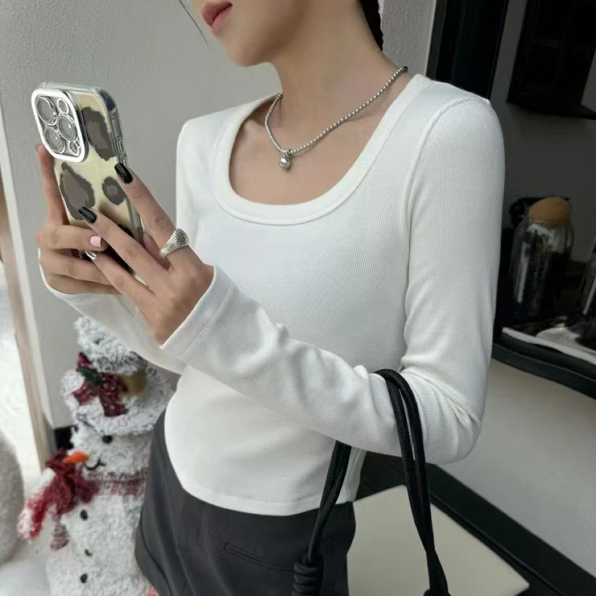 2025新款方领秋冬长袖女螺纹加薄绒修身上衣内搭外穿t恤