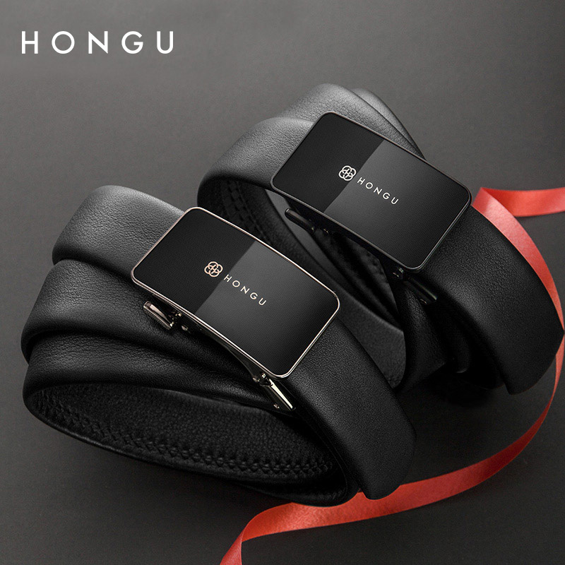 HONGU/红谷皮带男真皮正品商务自动扣百搭腰带休闲正装男士裤带