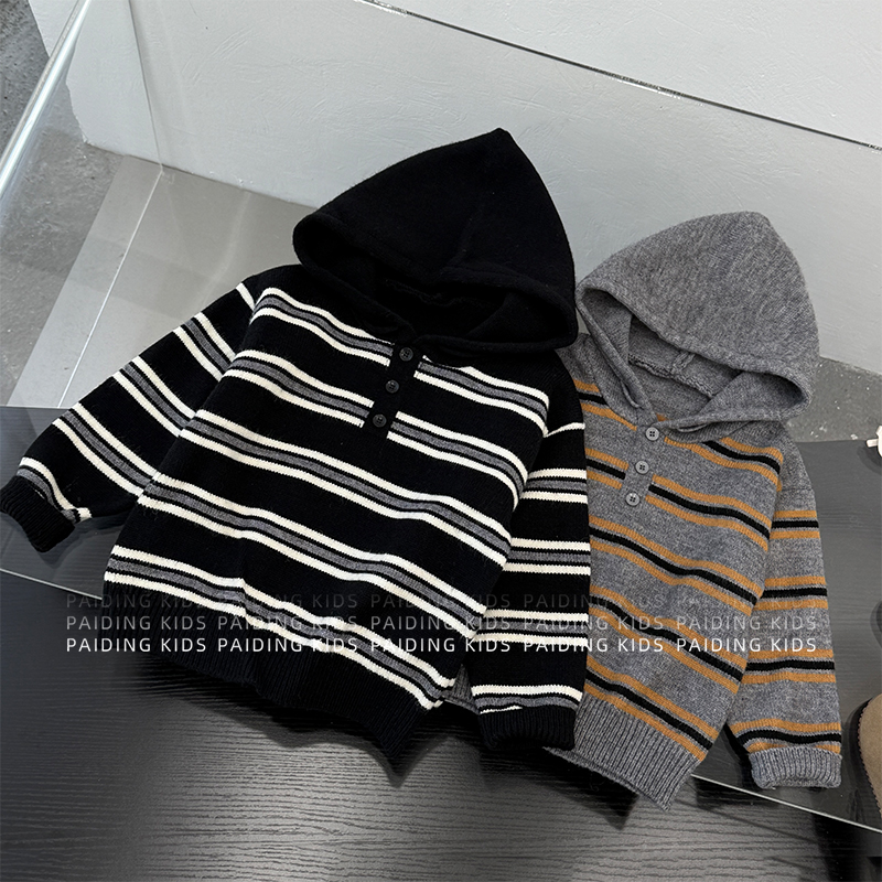 秋冬装儿童韩版时尚经典撞色条纹保暖休闲连帽针织毛衣SJ6884-DD1