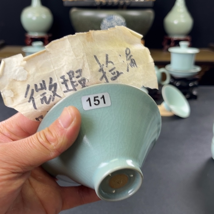 杯神****九仿古釉汝官窑支钉斗笠杯151号微瑕捡漏
