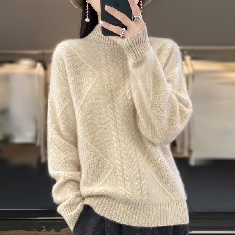 【重磅加厚】秋冬新款100%纯山羊绒衫女菱形绞花百搭软糯针织衫毛衣