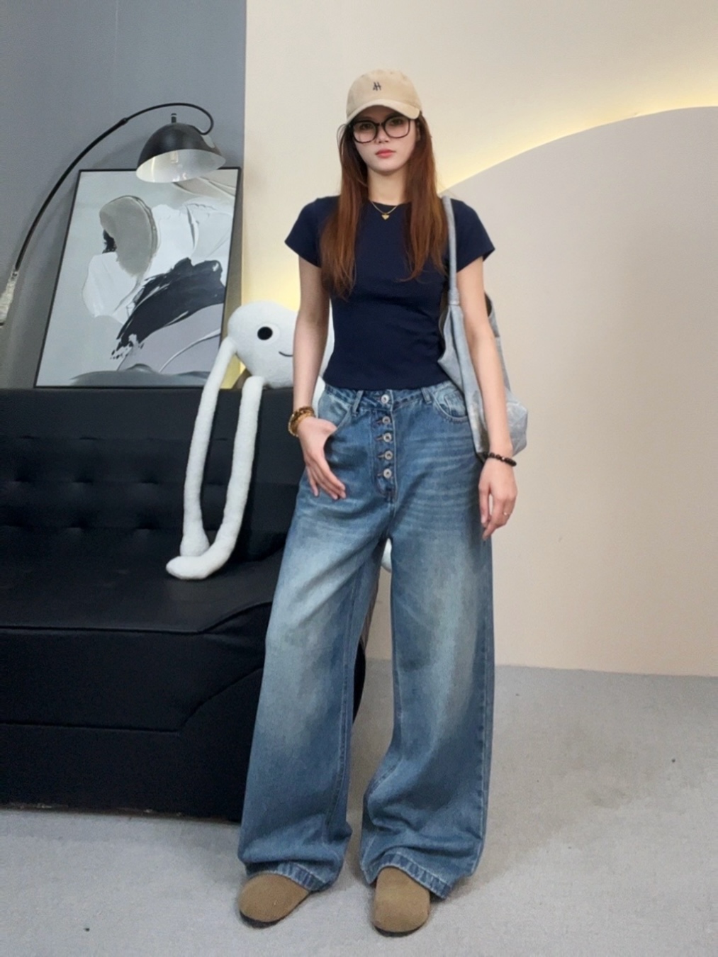 【骆妍】春秋新款复古水洗纽扣浅色阔腿牛仔裤设计小众宽松阔腿裤子