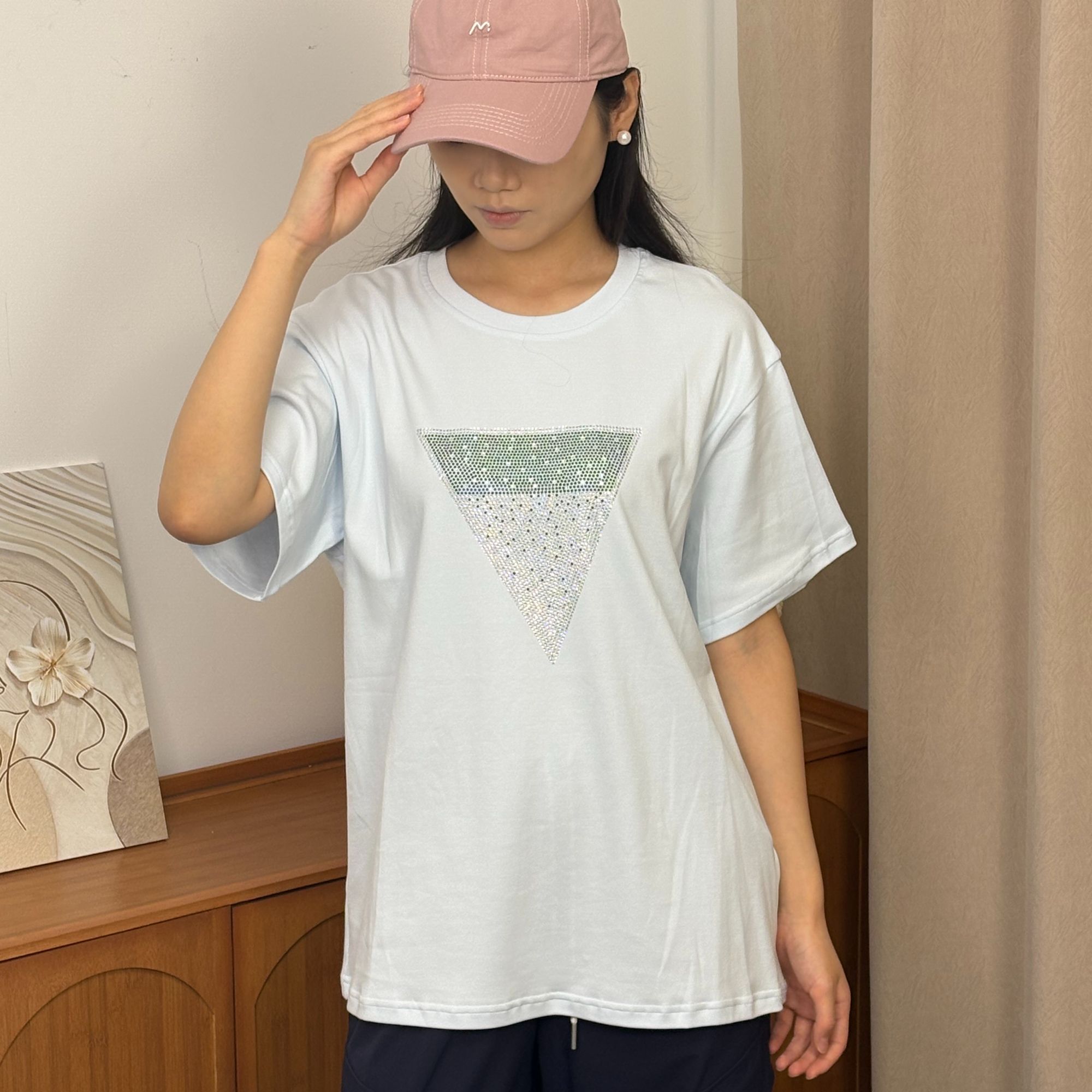 AISEE夏季圆领正肩设计感小众烫钻百搭显瘦短款棉T恤019
