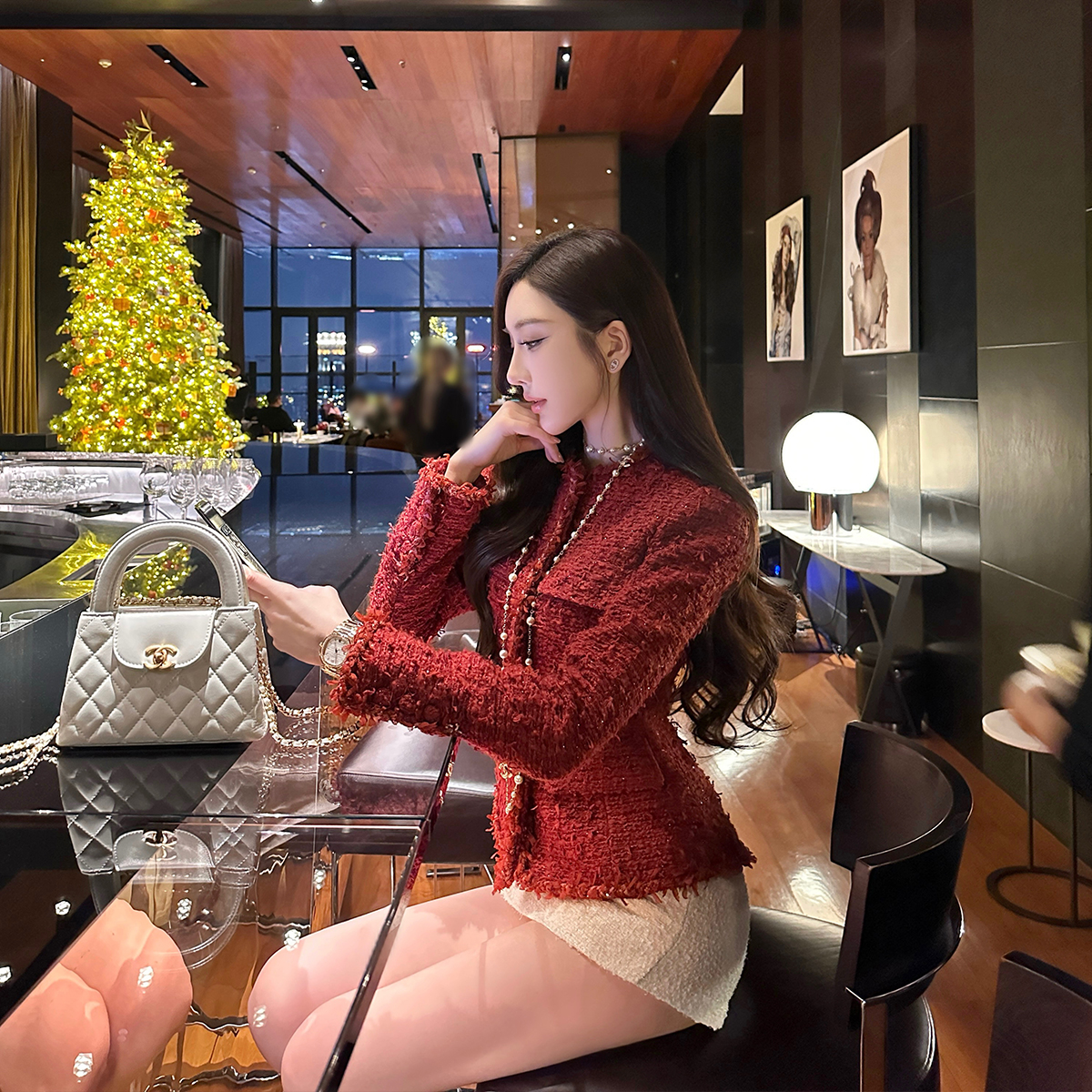 SX善喜法式复古羊毛混纺千金小香外套女圆领长袖修身气质名媛上衣