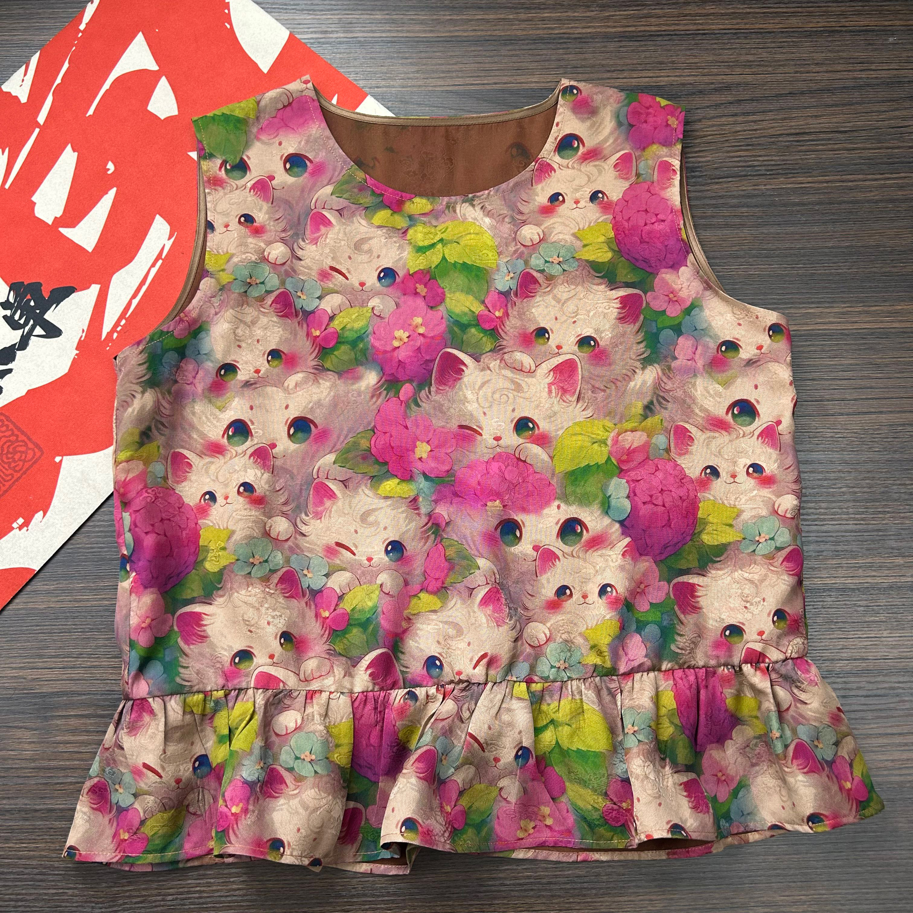 100%桑蚕丝无袖娃娃衫背心新中式国风香云纱马甲短款真丝花萝上衣