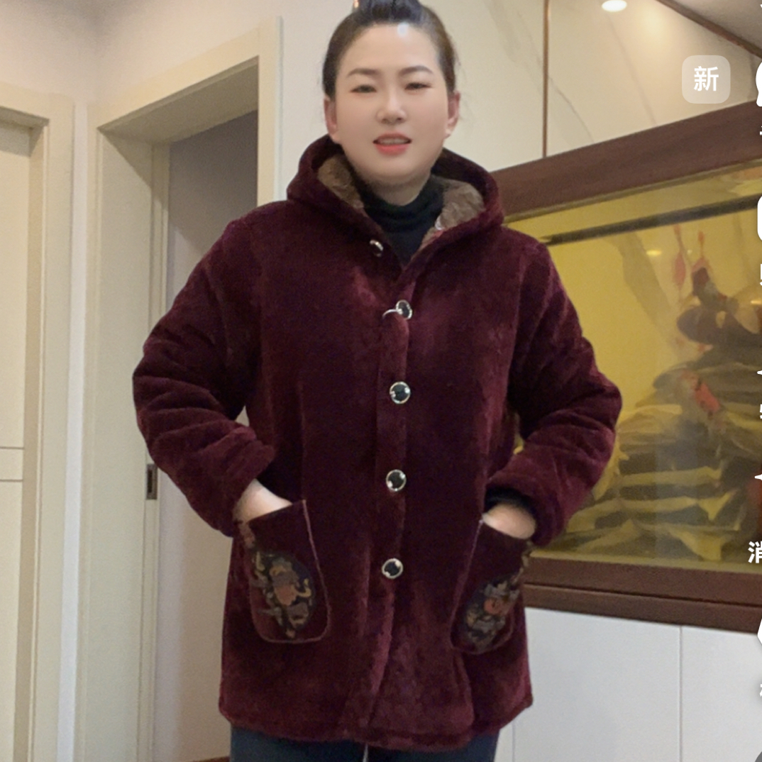 中老年妈妈冬季加绒加厚连帽颗粒绒洋气保暖棉衣外套中长款半长款