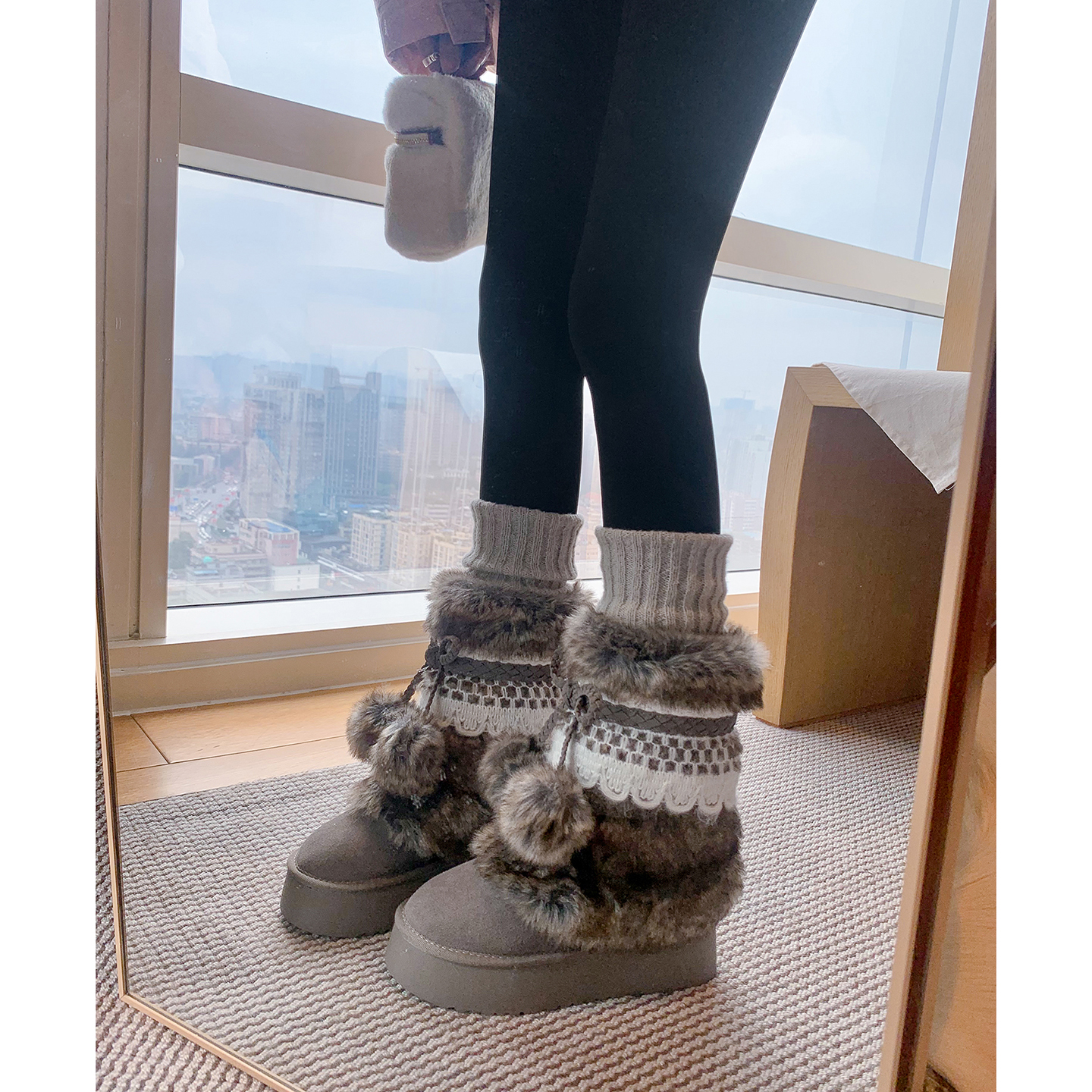 伯爵猫女神节礼物厚底增高雪地靴加绒保暖中筒废土风可爱毛毛棉鞋