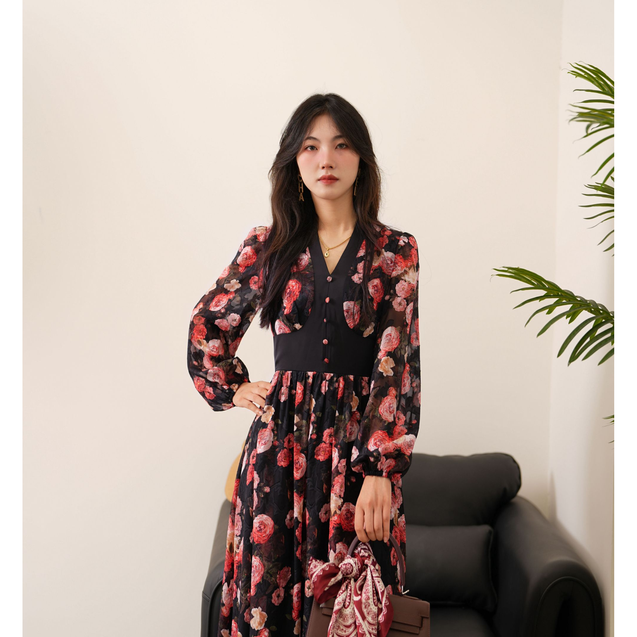 YT【UKKUSKUDIO】碎花休闲风大摆裙连衣裙长袖914704