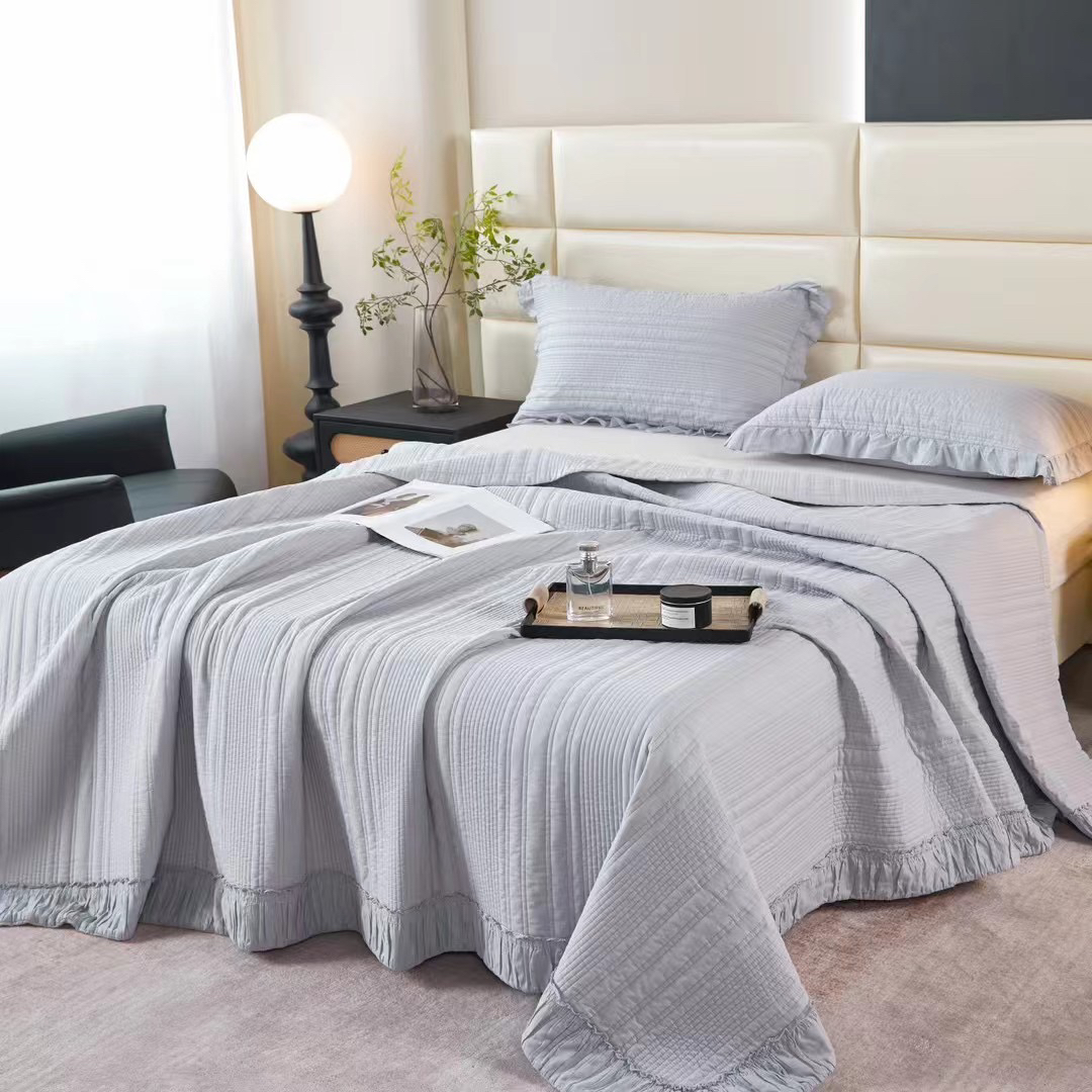韩系手工包边纯棉床盖三件套轻奢纯色亲肤双面
