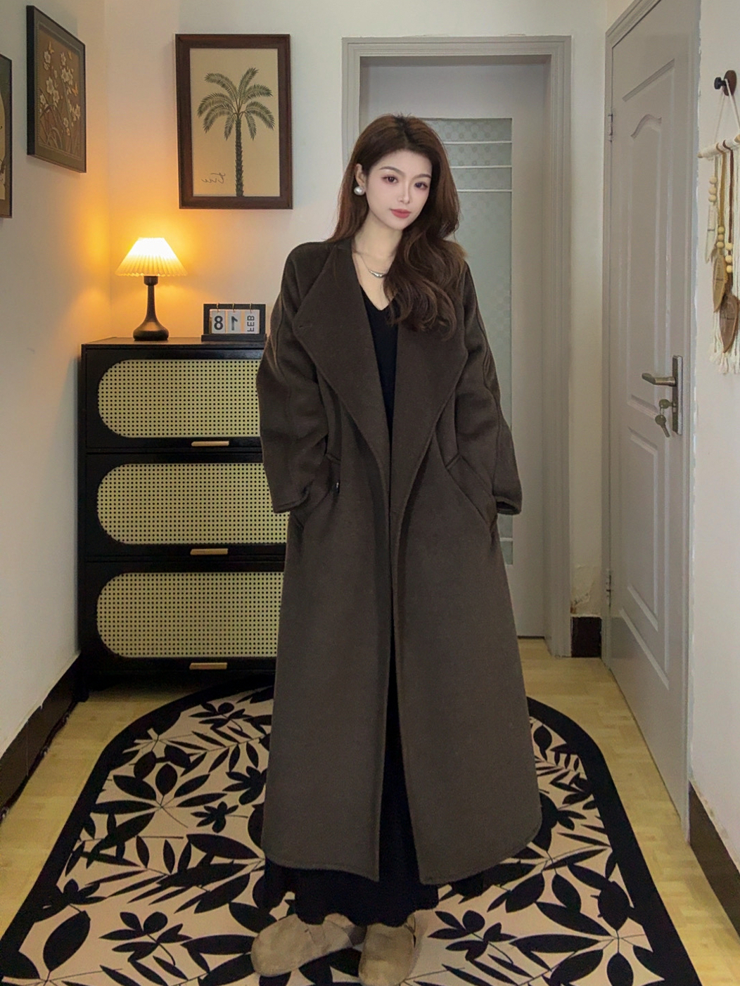 外套毛呢外套网红长款秋冬百搭翻领双面插肩袖防风