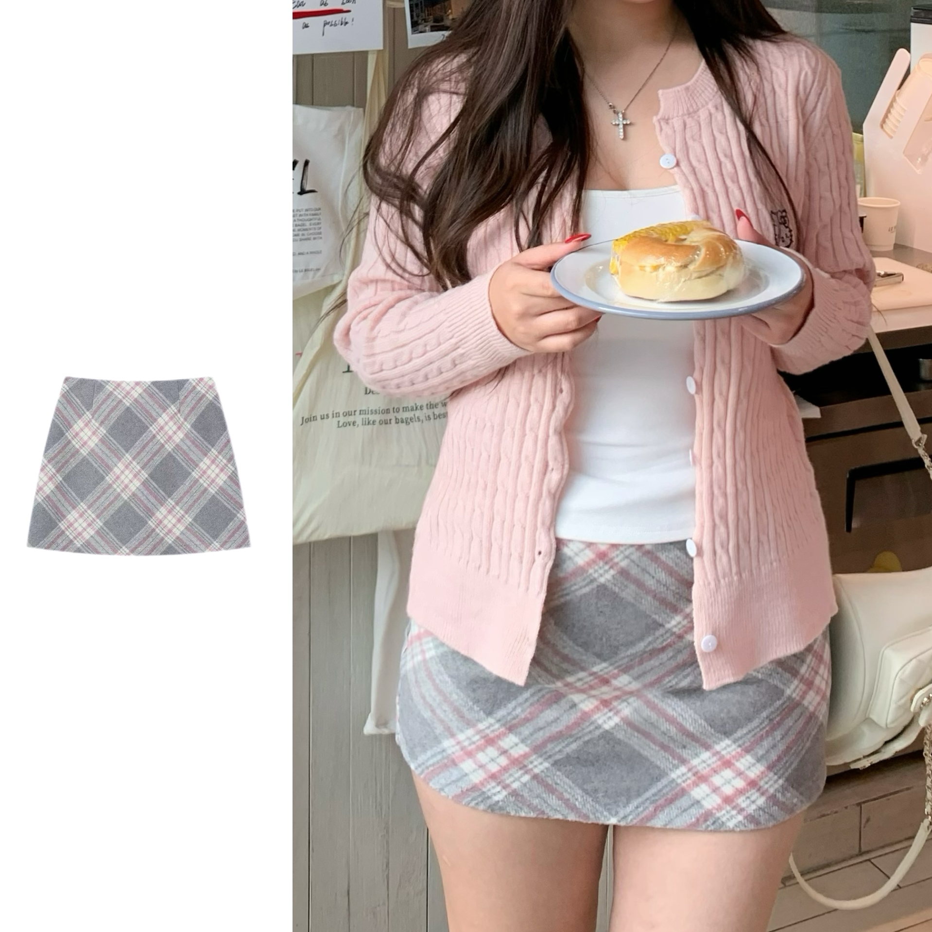 卤蛋公主【灰粉格】粉色格子短裙大码胖mm高腰显瘦百搭A字包臀裙女