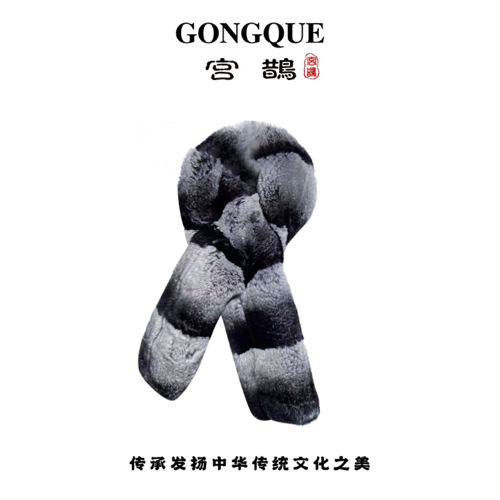 宫鹊 秋冬獭兔皮毛一体龙猫色兔毛围巾气质时尚百搭保暖围脖 3720