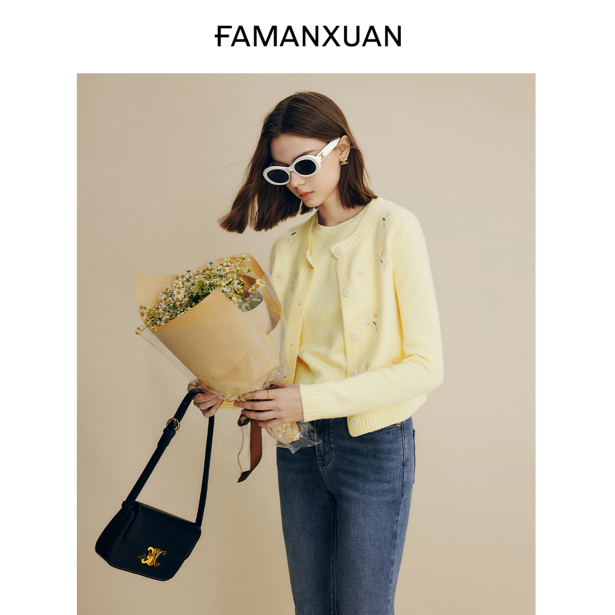 【CC专属】法曼萱蓝色圆领提花针织开衫女2025小雏菊刺绣上衣